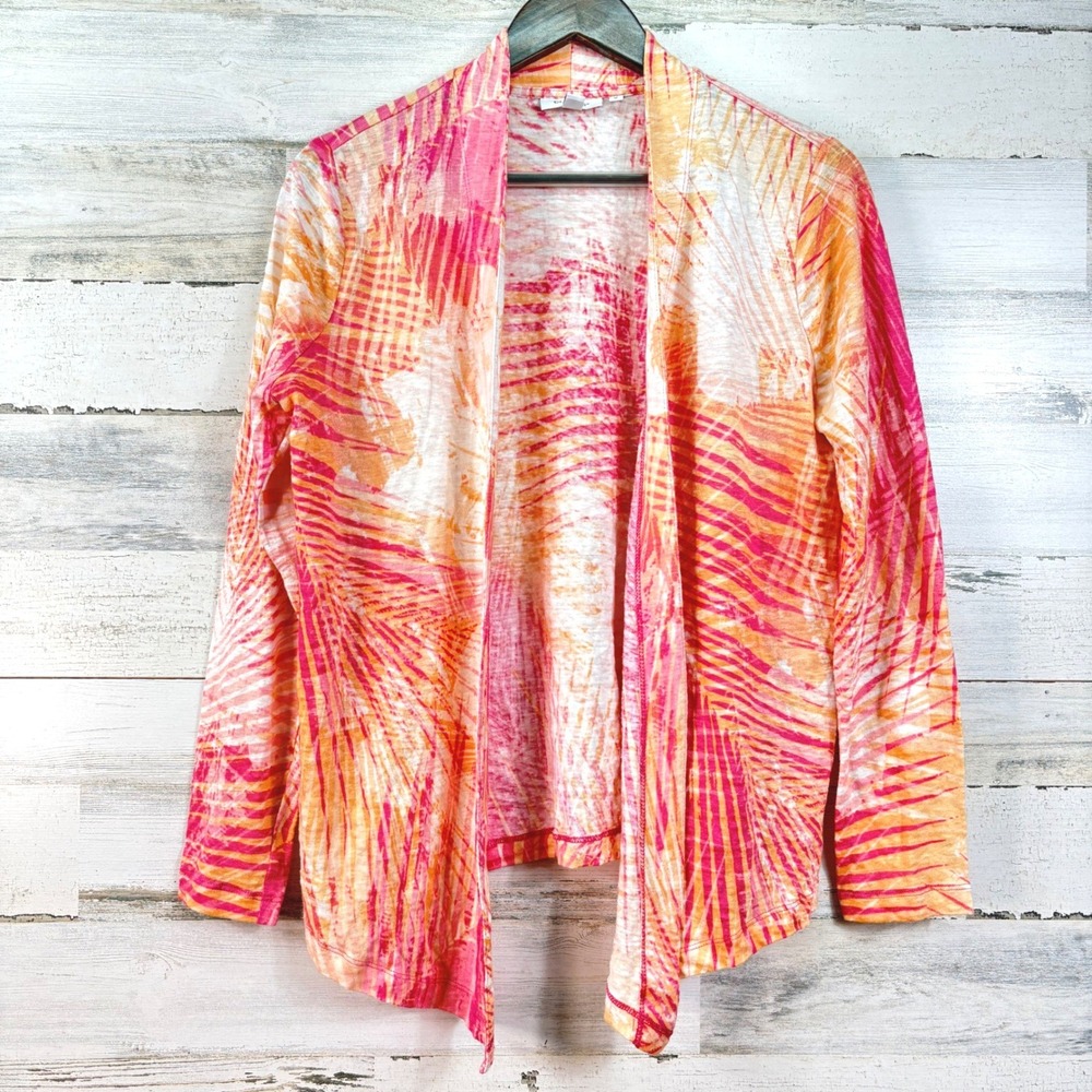 Chico's Pink Orange Tropical Palm Leaf 100% Linen Open Front Cardigan Sz 1 US M